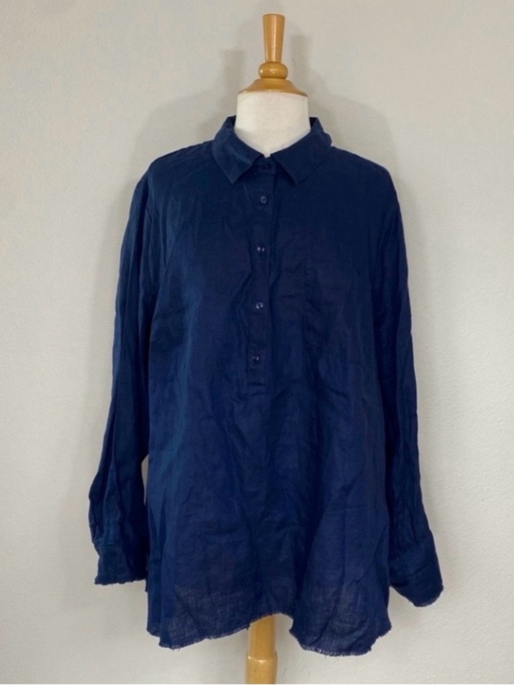 INC Womens Navy 100% Linen Partial Button Pocket Collared Raw Hem Blouse Size 3X